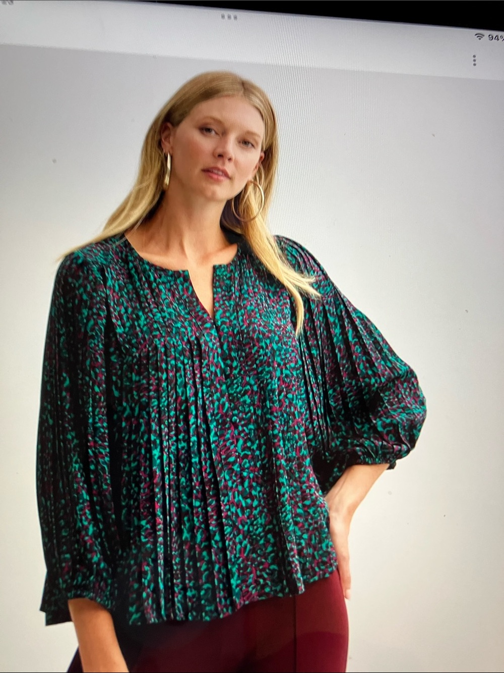 Nine West 
Pleated Floral Print Blouse - Green/Purple
